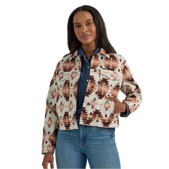 Wrangler Jackets & Blazers - Wrangler Aztec Print Denim cropped Jacket in Cream and Brown